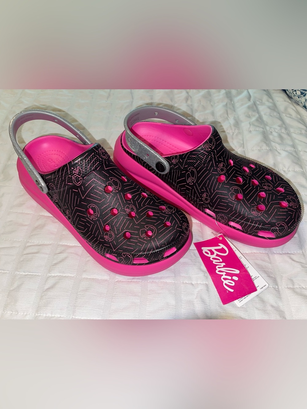 CROCS Black & Hot Pink Barbie Clog Sandals with Silver Strap
